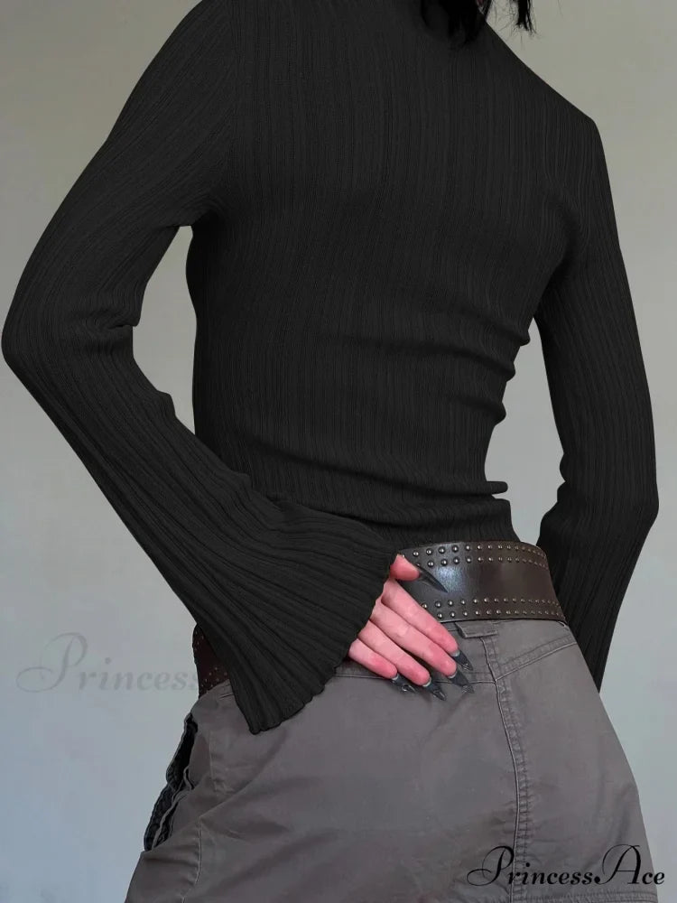 Dense Turtleneck Sleek Flare Sleeve Extended Sleeve Knit Top