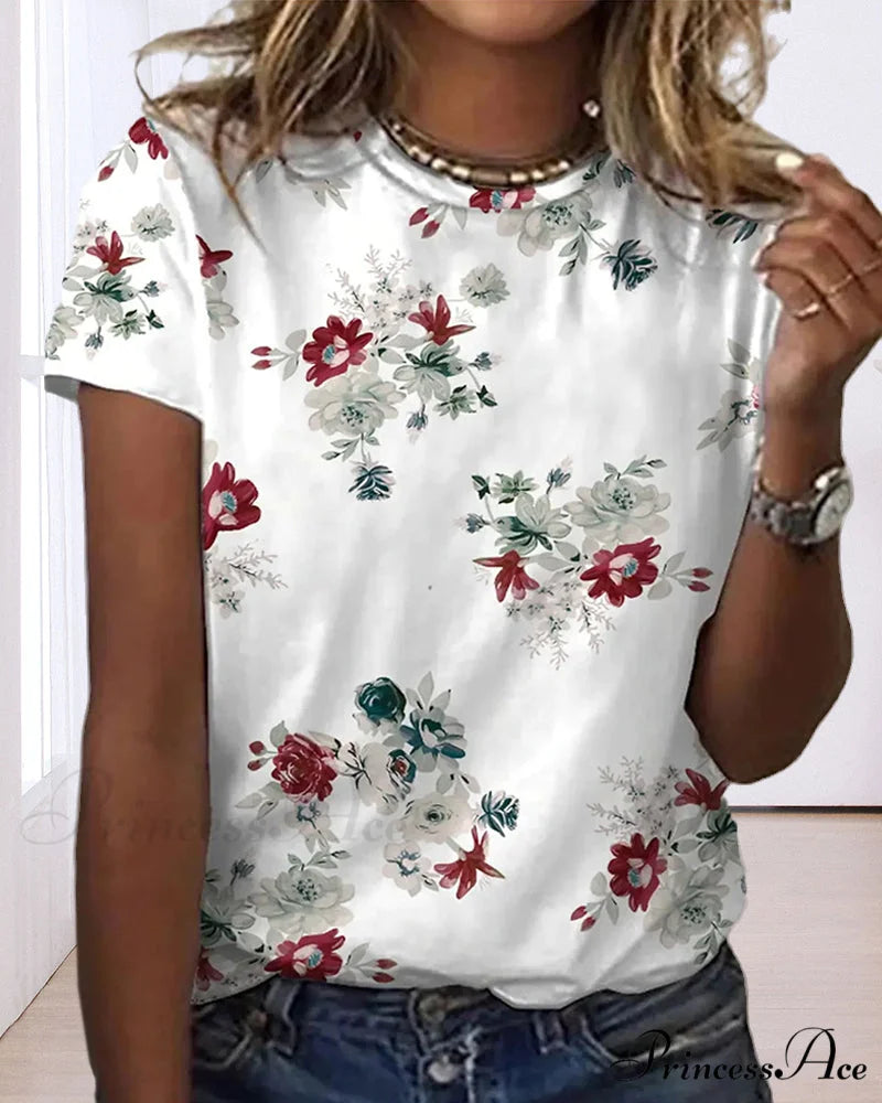 Design Round T-Shirt Flowered with Arm Brief Neck