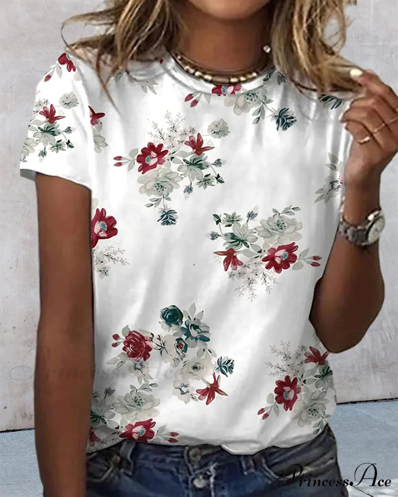 Design Round T-Shirt Flowered with Arm Brief Neck