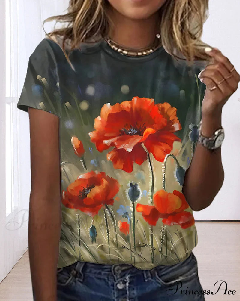 Design Round T-Shirt Flowered with Arm Brief Neck
