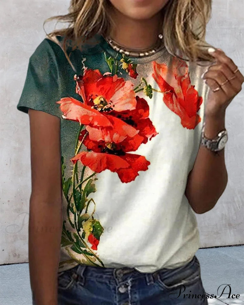 Design Round T-Shirt Flowered with Arm Brief Neck