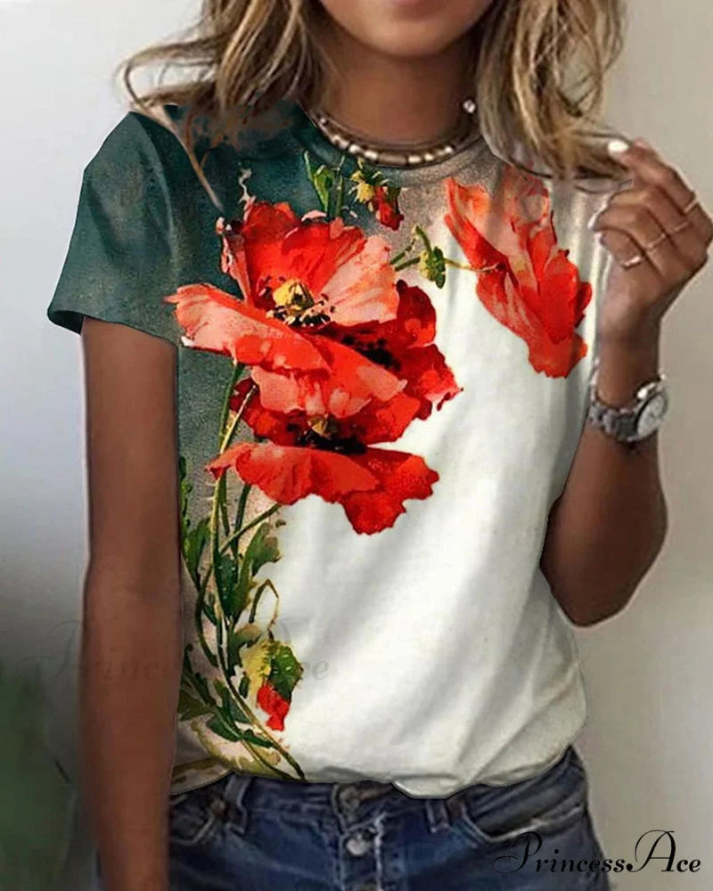 Design Round T-Shirt Flowered with Arm Brief Neck