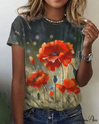 Design Round T-Shirt Flowered with Arm Brief Neck
