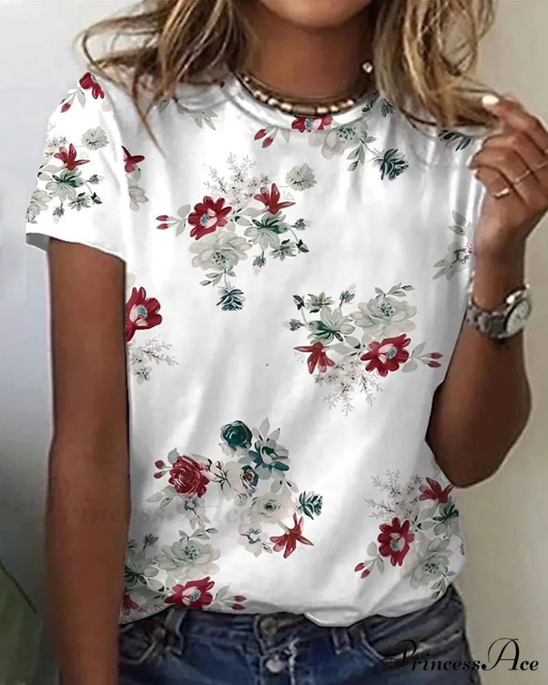 Design Round T-Shirt Flowered with Arm Brief Neck
