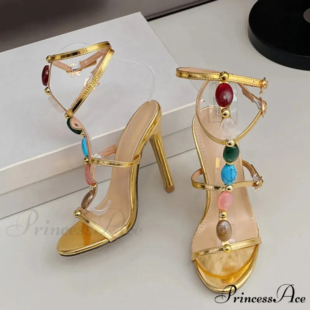 Designer High-Heels Women Sexy 11.5CM Stiletto Sandals Bohemian Colour Gem-Strap Open-Toe Wedding High Heel