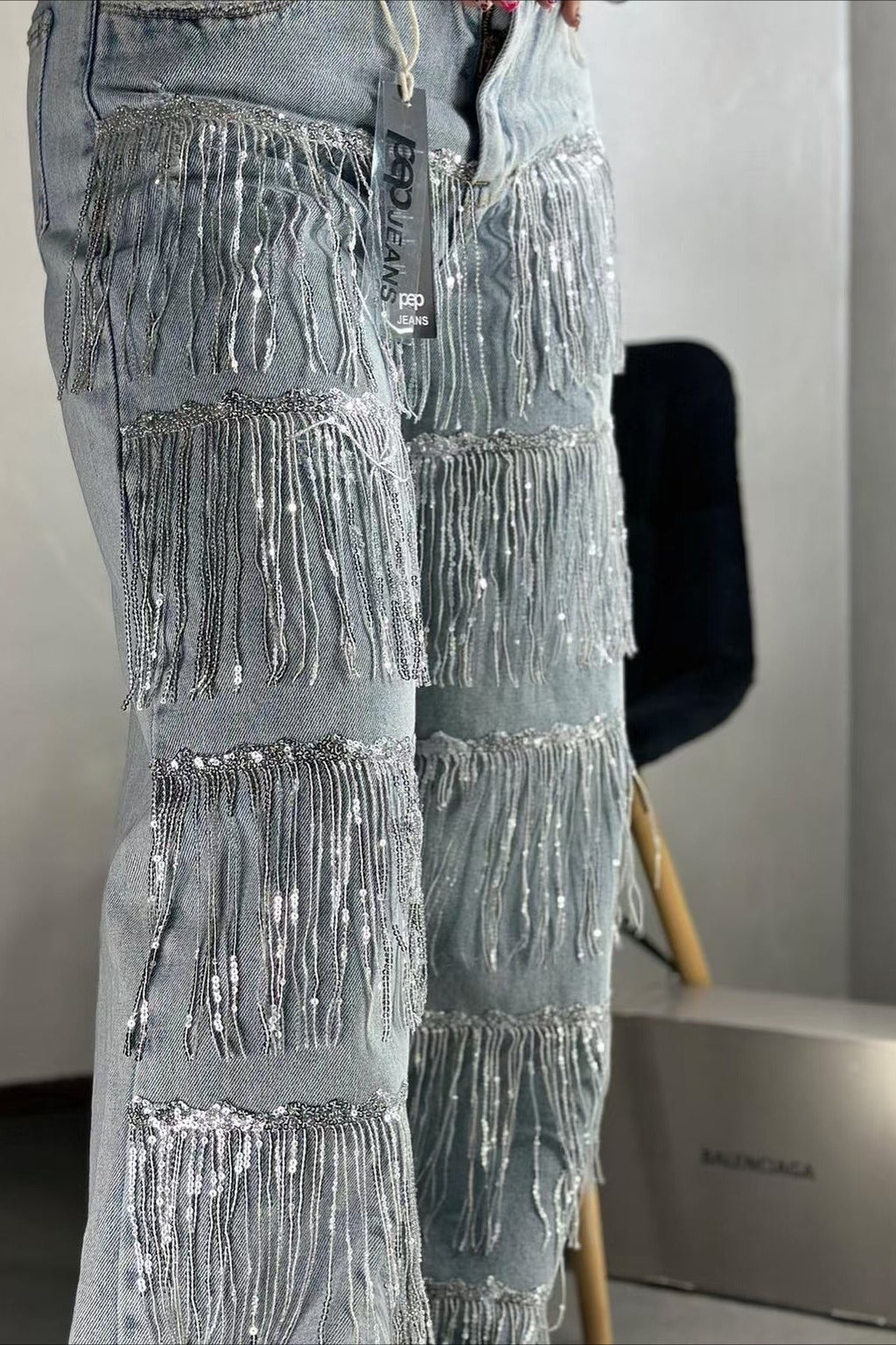 Sequin Fringe Straight Leg Jeans
