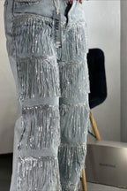 Sequin Fringe Straight Leg Jeans