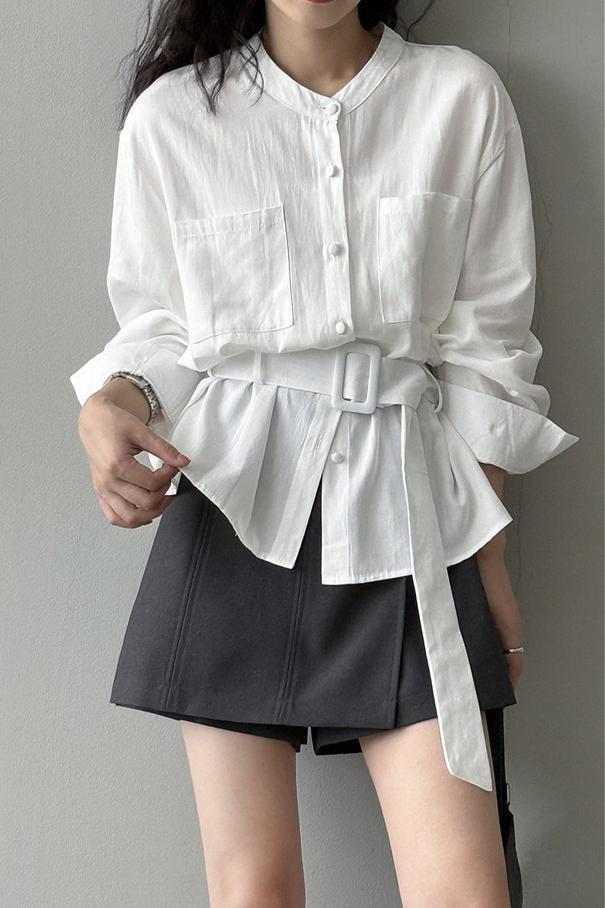 Vintage Waist Cinched Belted Long Sleeve Blouse