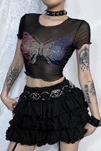 Sexy Mesh Butterfly Print Knit Top