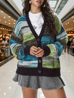 Color-Block Striped V-Neck Retro Knit Sweater