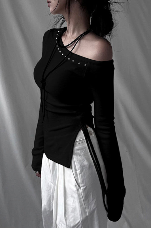 Studded Asymmetrical Ruched T-Shirt