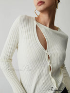 Diagonal Buttoned Rib Trendy Long Sleeve Top