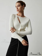 Diagonal Buttoned Rib Trendy Long Sleeve Top