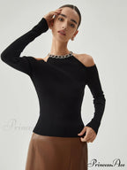 Diamante Neckline Cutout Trendy Long Sleeve Knit Top