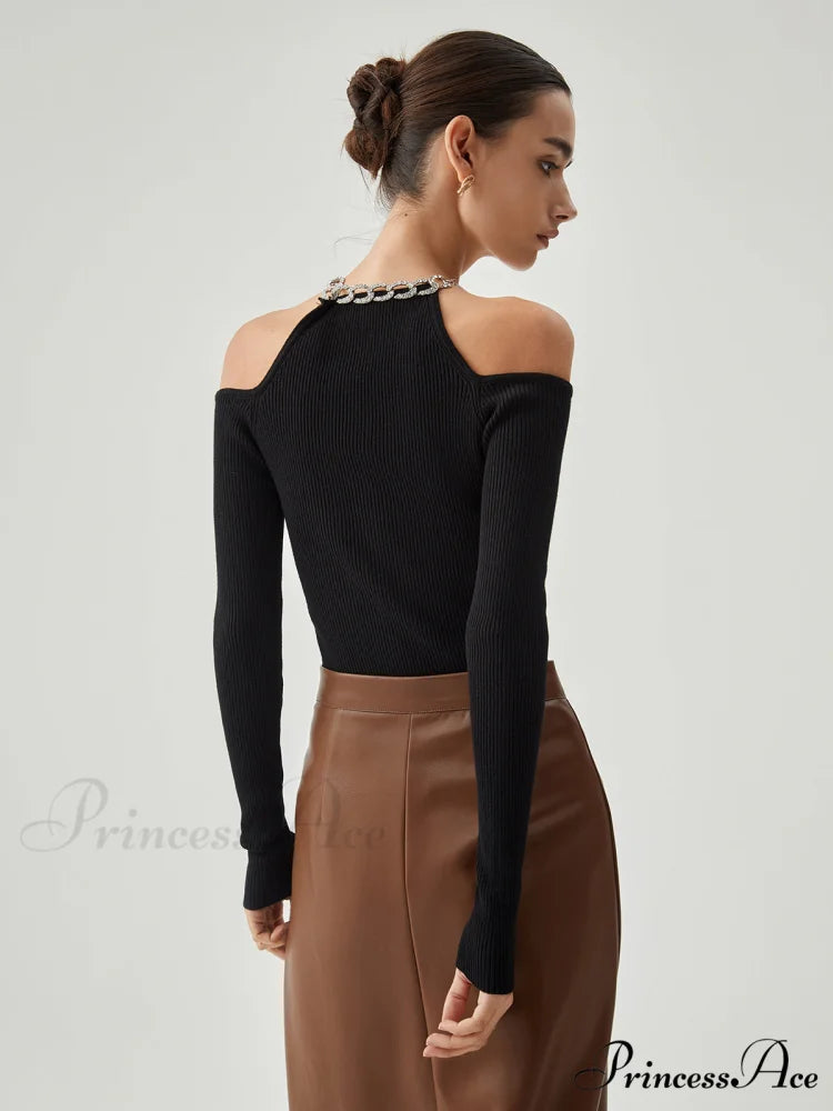 Diamante Neckline Cutout Trendy Long Sleeve Knit Top