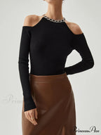 Diamante Neckline Cutout Trendy Long Sleeve Knit Top