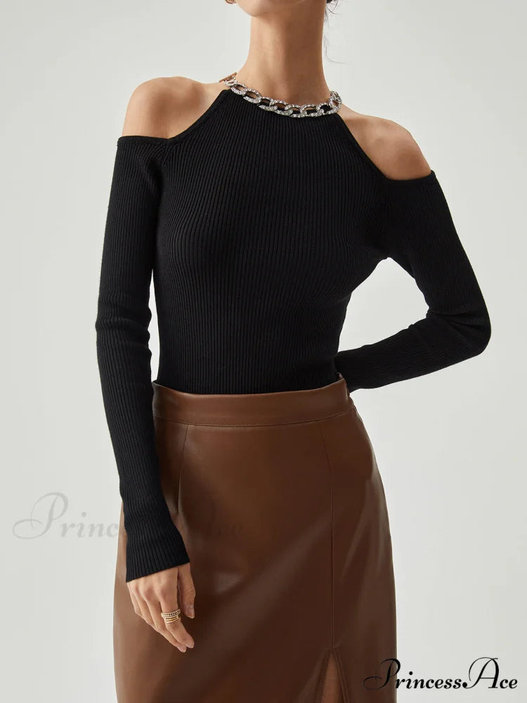 Diamante Neckline Cutout Trendy Long Sleeve Knit Top
