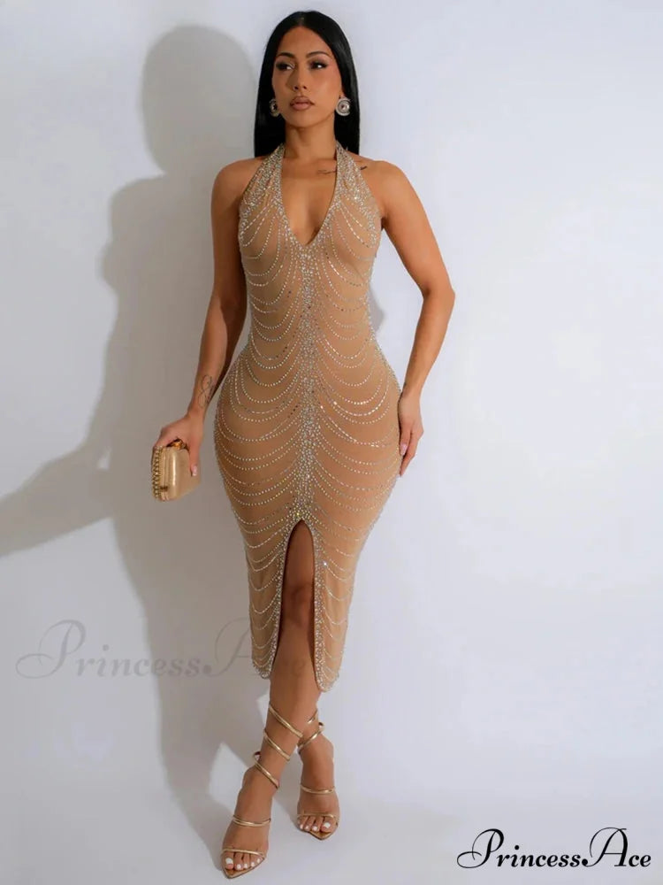 Diamond Halter Midi Party Dress