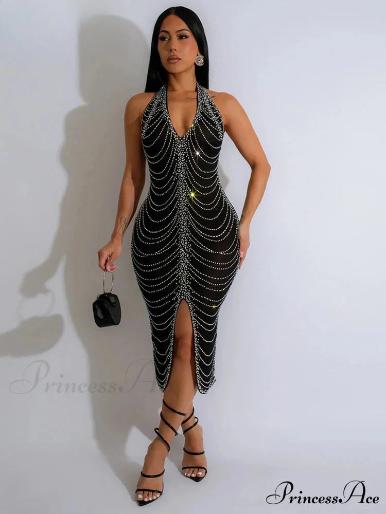 Diamond Halter Midi Party Dress