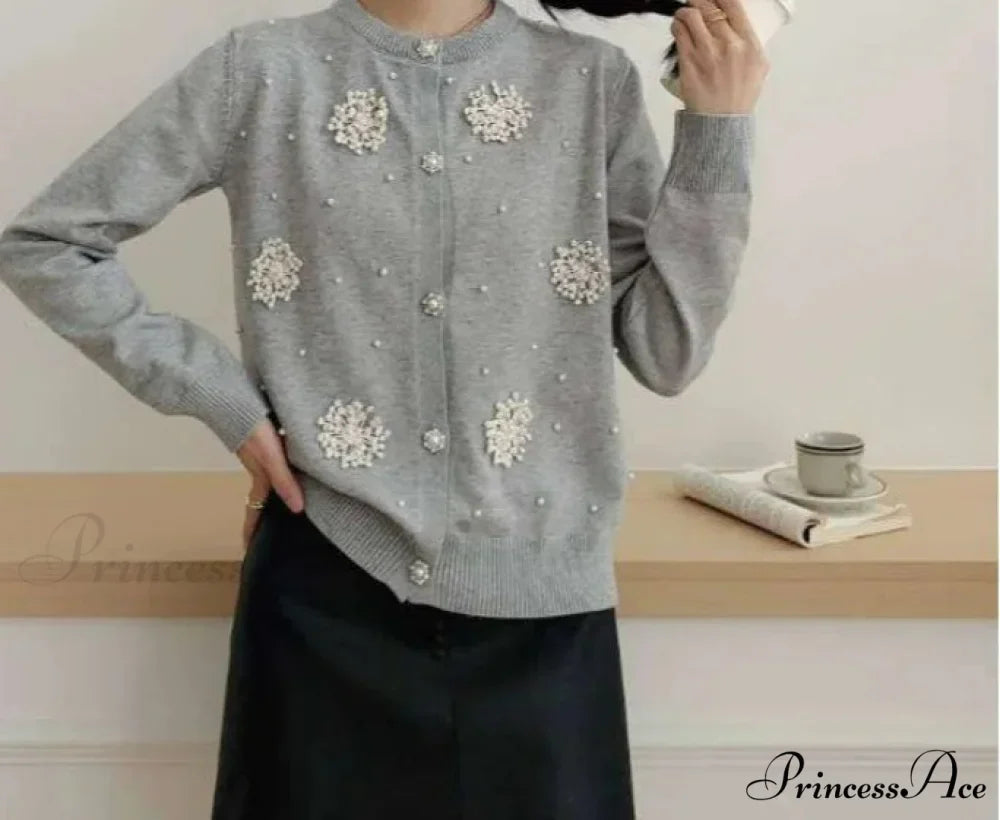 Diamonds Pearl Floral Slim O-neck Cardigan