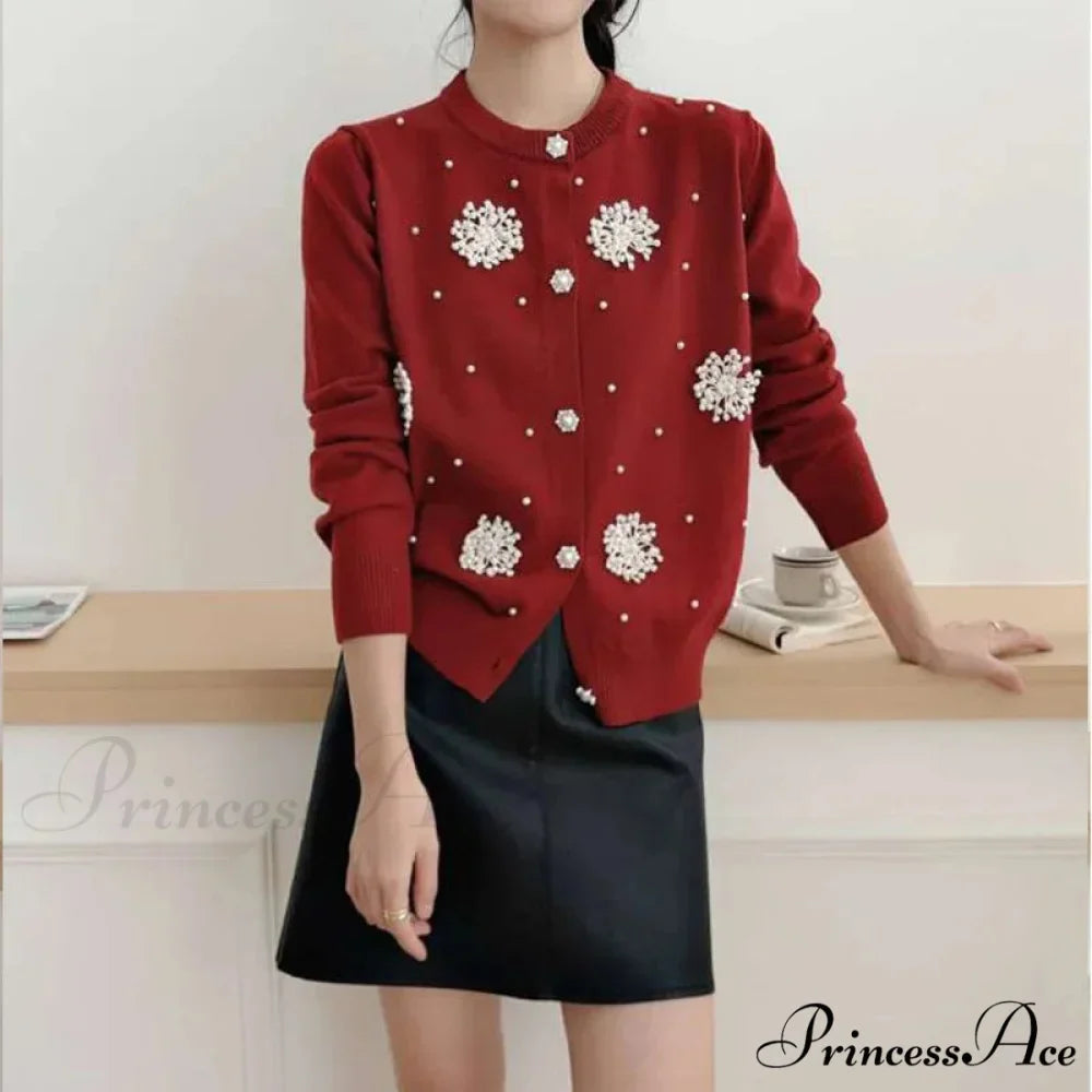 Diamonds Pearl Floral Slim O-neck Cardigan