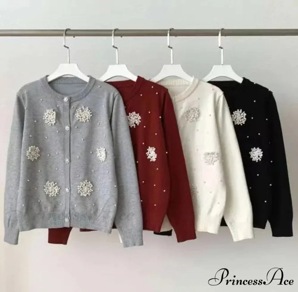 Diamonds Pearl Floral Slim O-neck Cardigan