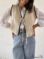 Differentiate Border Tying V-Neck Knit Waistcoat Cardigan
