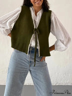 Differentiate Border Tying V-Neck Knit Waistcoat Cardigan