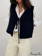 Differentiate Border Tying V-Neck Knit Waistcoat Cardigan