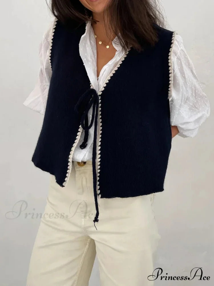 Differentiate Border Tying V-Neck Knit Waistcoat Cardigan