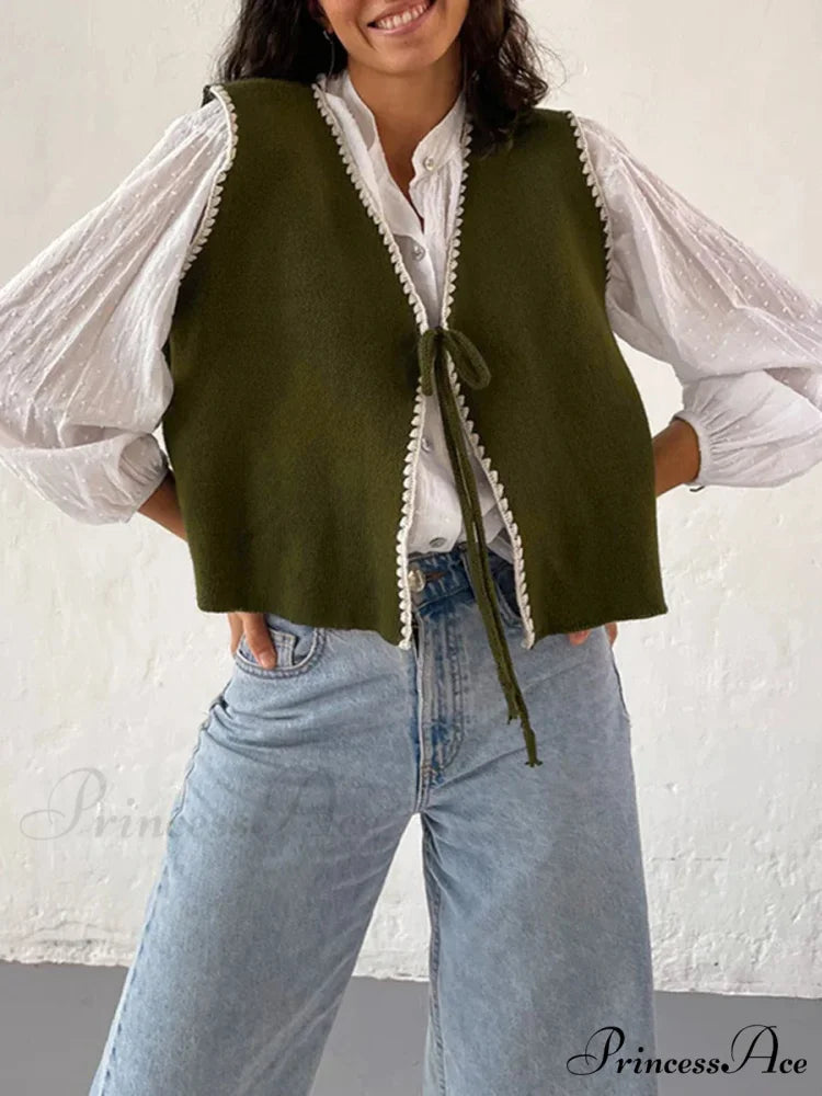 Differentiate Border Tying V-Neck Knit Waistcoat Cardigan