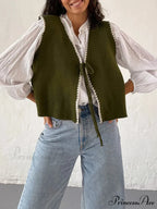 Differentiate Border Tying V-Neck Knit Waistcoat Cardigan