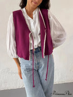 Differentiate Border Tying V-Neck Knit Waistcoat Cardigan