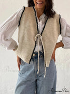 Differentiate Border Tying V-Neck Knit Waistcoat Cardigan