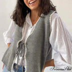 Differentiate Border Tying V-Neck Knit Waistcoat Cardigan