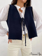 Differentiate Border Tying V-Neck Knit Waistcoat Cardigan