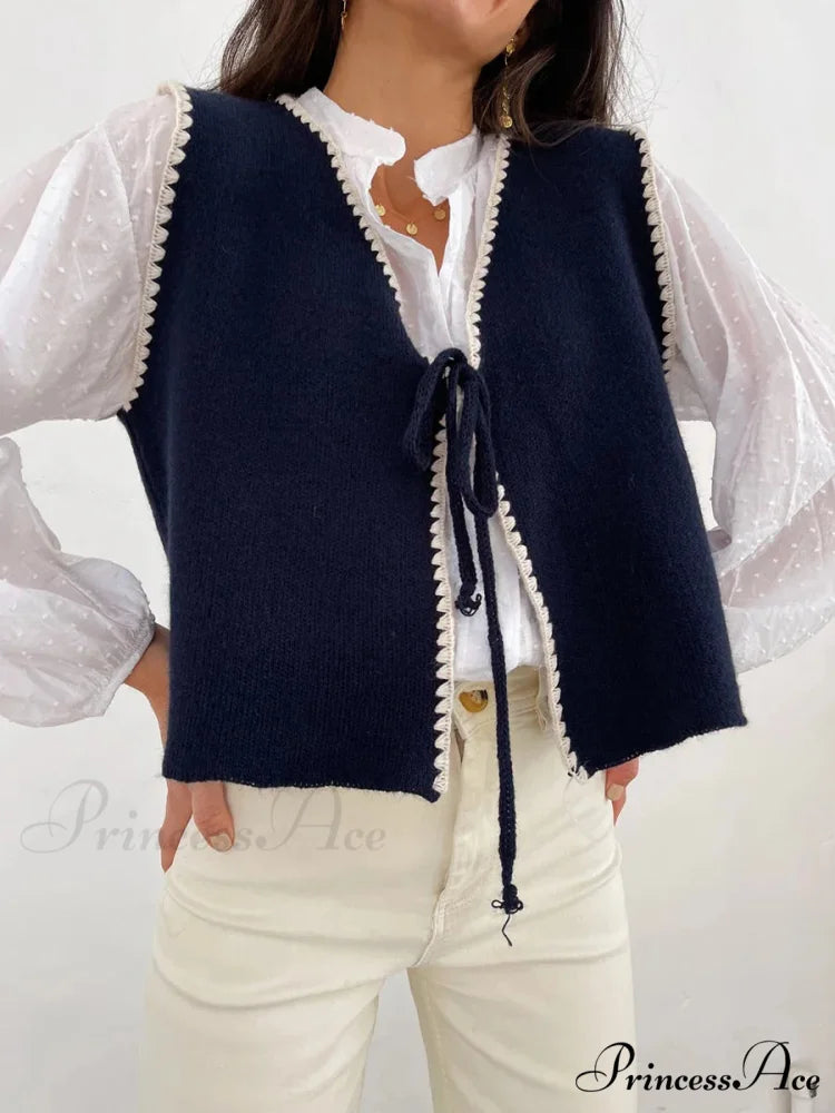 Differentiate Border Tying V-Neck Knit Waistcoat Cardigan