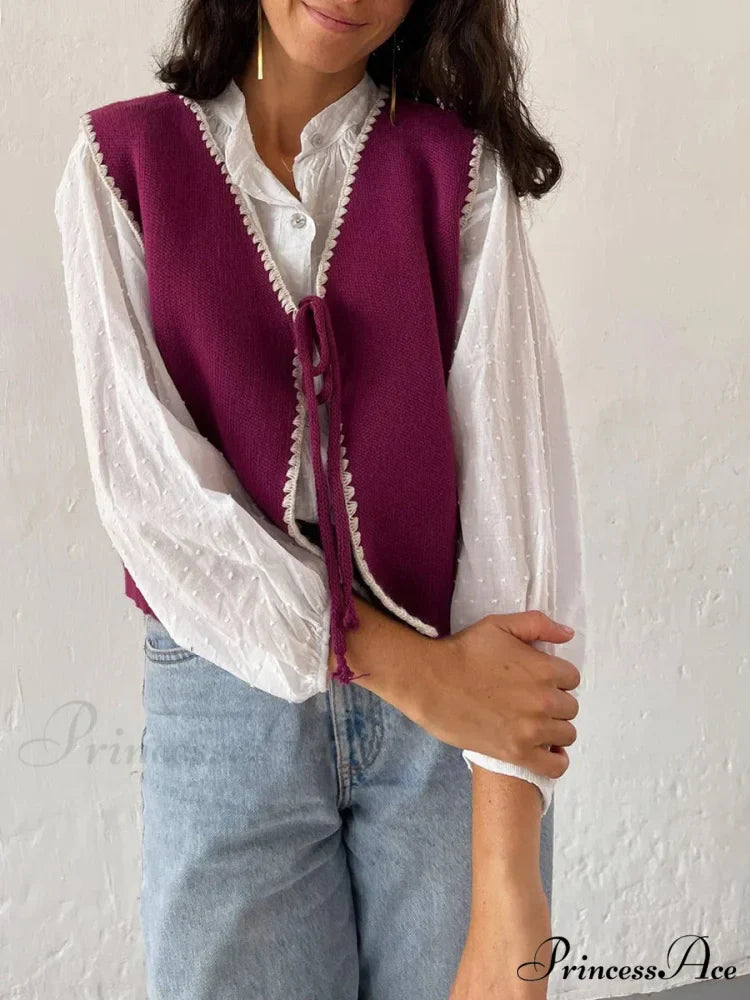Differentiate Border Tying V-Neck Knit Waistcoat Cardigan