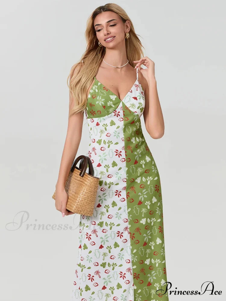 Differentiate Hue Deep V-neck Spaghetti Strap Slip Floral Dress