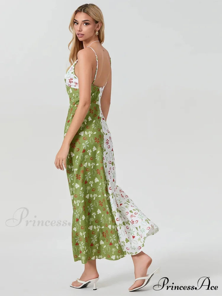 Differentiate Hue Deep V-neck Spaghetti Strap Slip Floral Dress