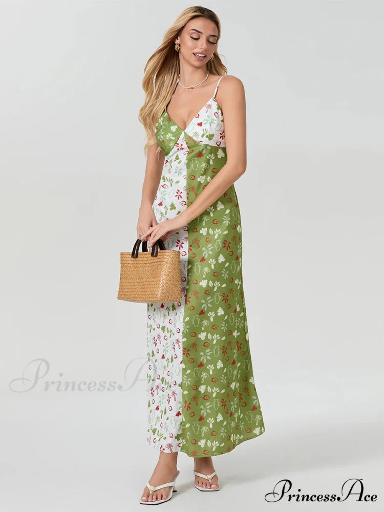 Differentiate Hue Deep V-neck Spaghetti Strap Slip Floral Dress