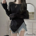 Distressed Hollow Out Knitted Jumper Trim Thin Pullover Knit Top