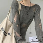 Distressed Hollow Out Knitted Jumper Trim Thin Pullover Knit Top