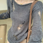 Distressed Hollow Out Knitted Jumper Trim Thin Pullover Knit Top