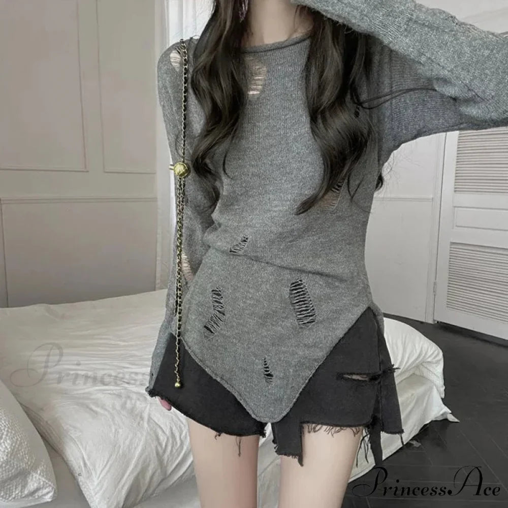 Distressed Hollow Out Knitted Jumper Trim Thin Pullover Knit Top