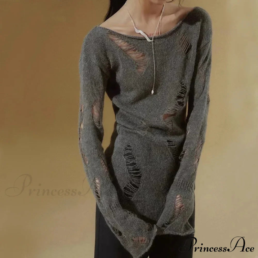 Distressed Hollow Out Knitted Jumper Trim Thin Pullover Knit Top