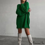 Distressed Trim Pullover Sweater Modern Mini Dress - Black