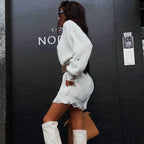 Distressed Trim Pullover Sweater Modern Mini Dress - Rose