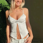 Divided Hem Gathered V-Neck Crop Top