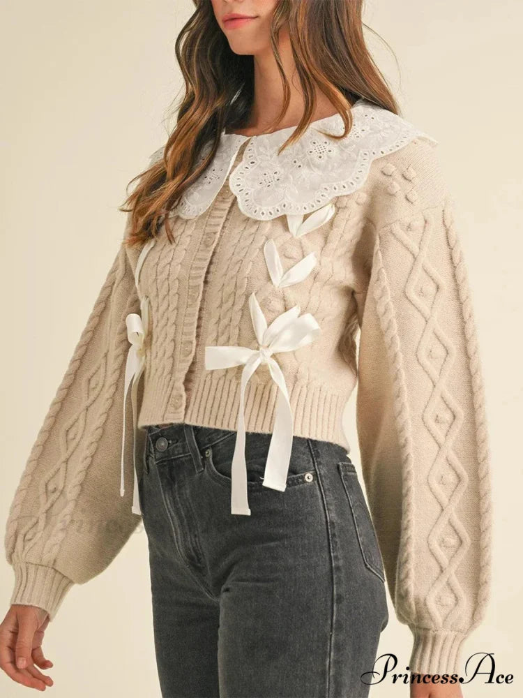 Doll Collar Tie-Up Lengthy Sleeve Knit Cardigan